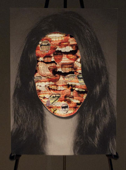 Art piece entitled "Listen." Black and white image of a woman with long hair. Her face has been replaced by a collage of different mouths making various expressions with their lips, tongue, and teeth.