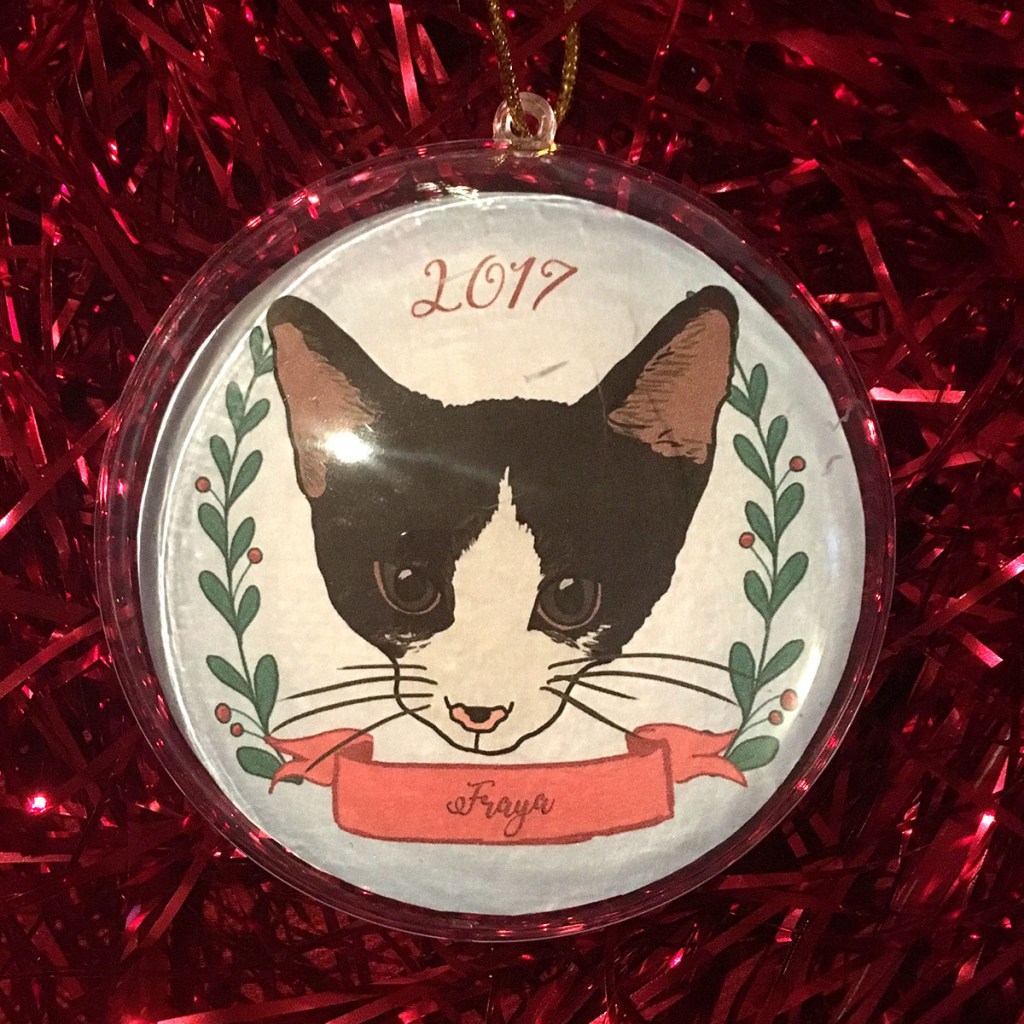 Holiday ornament with an illustrated portrait of a cat named Fraya