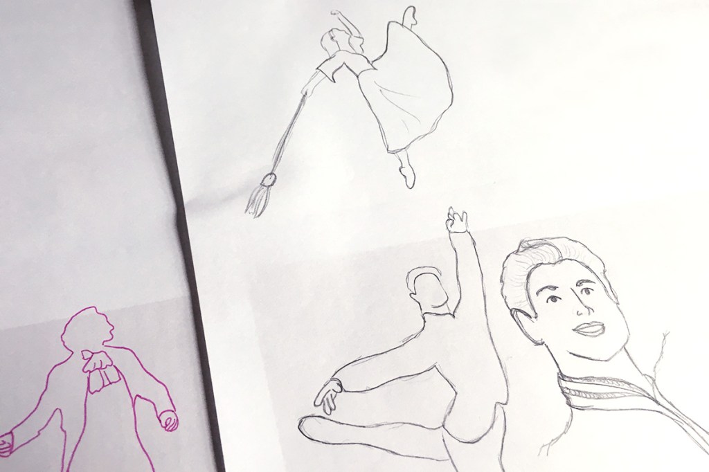 Preliminary sketches of Prince Charming and Cinderella