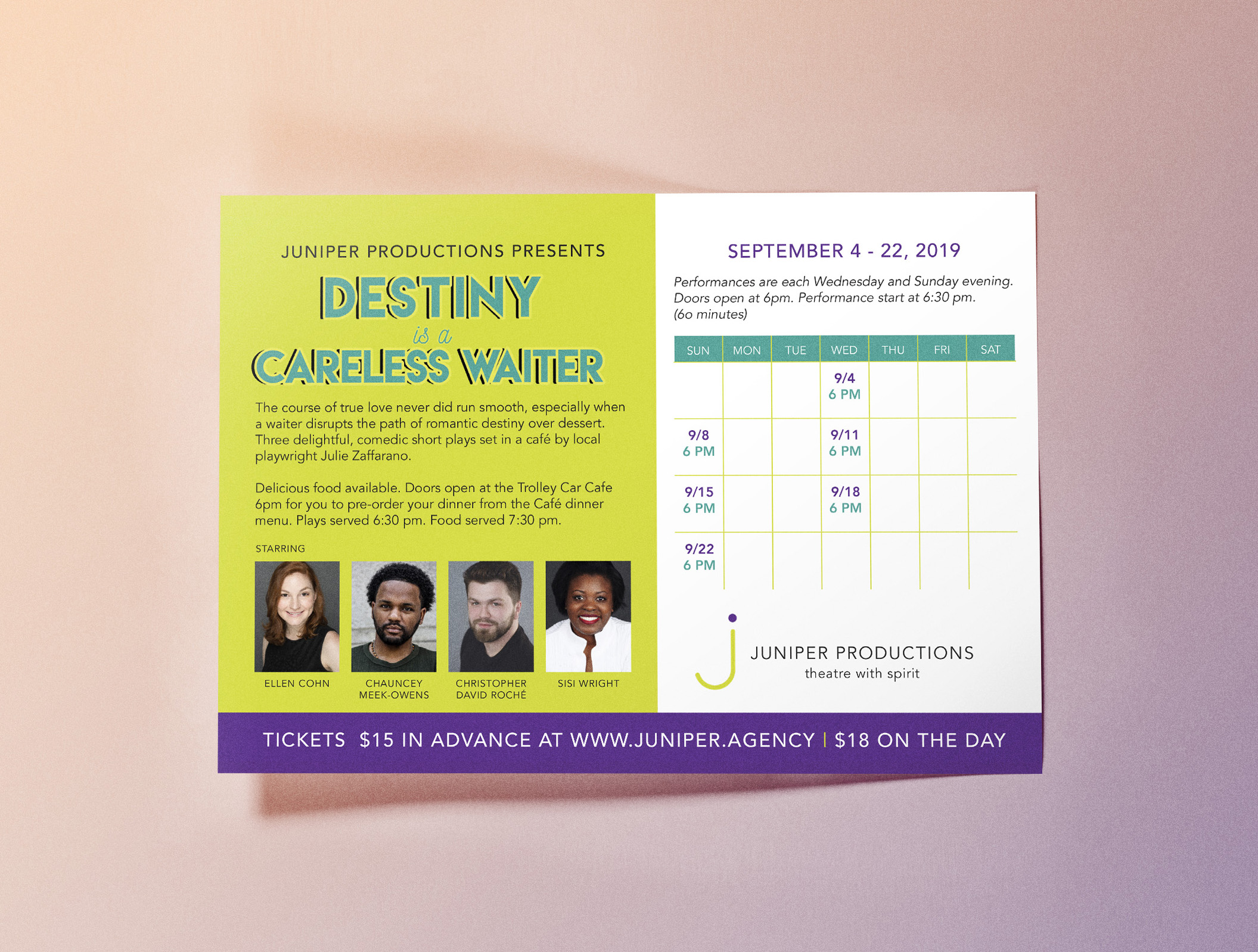 Back of postcard design for Destiny is a Careless Waiter: synopsis of show, actors headshots, and performance dates.