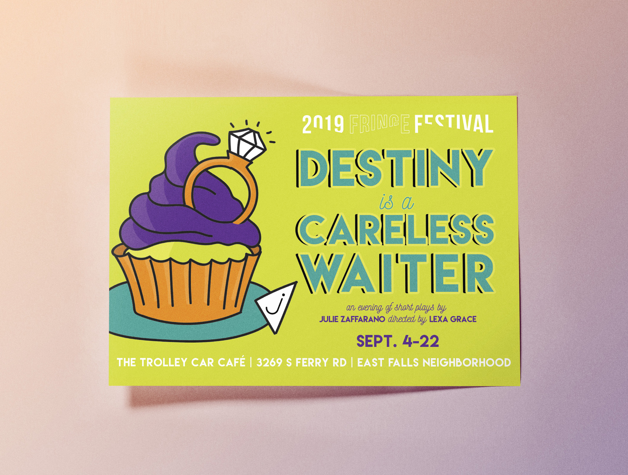 Postcard design for Destiny is a Careless Waiter: a cupcake with a diamond engagement ring in the frosting.