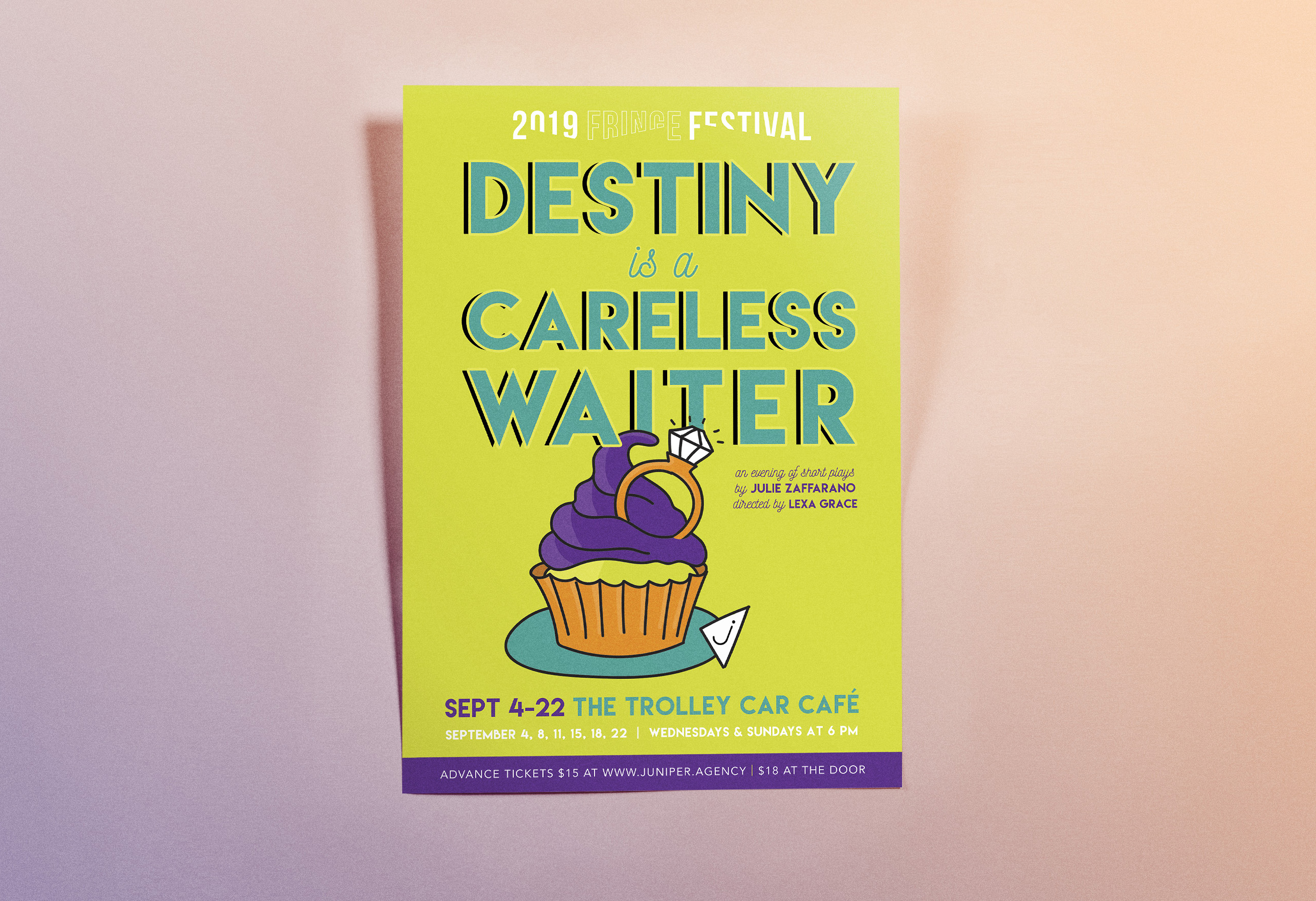 Poster design for Destiny is a Careless Waiter: a cupcake with a diamond engagement ring in the frosting.