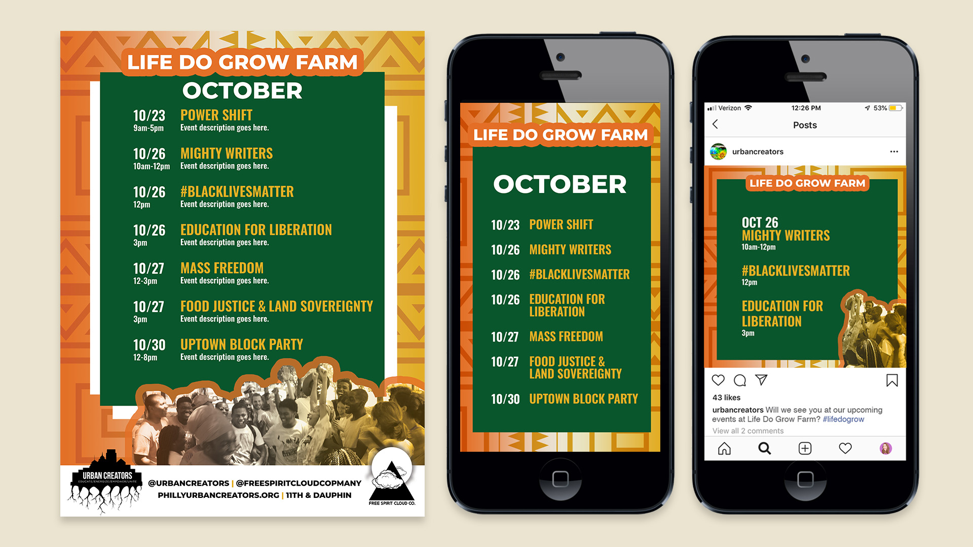 Series of event calendars formatted for a printed poster, Instagram stories, and Instagram post. 