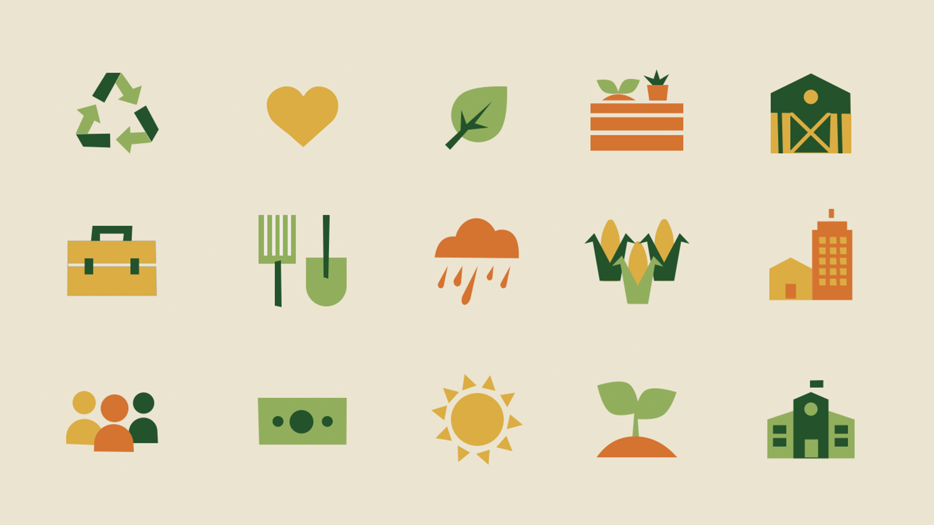 Set of vector icons related to farming including recycling symbol, leaf, barn, rake, shovel, rain, corn, etc.