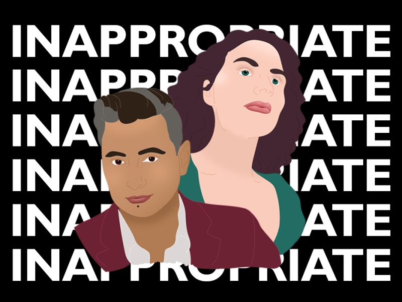 Key art design for the play Innapropriate. The word Inappropriate is repeated in all caps in white on a black background. In the foreground is an illustration of co-authors kt shorb and Katherine Wilkinson.