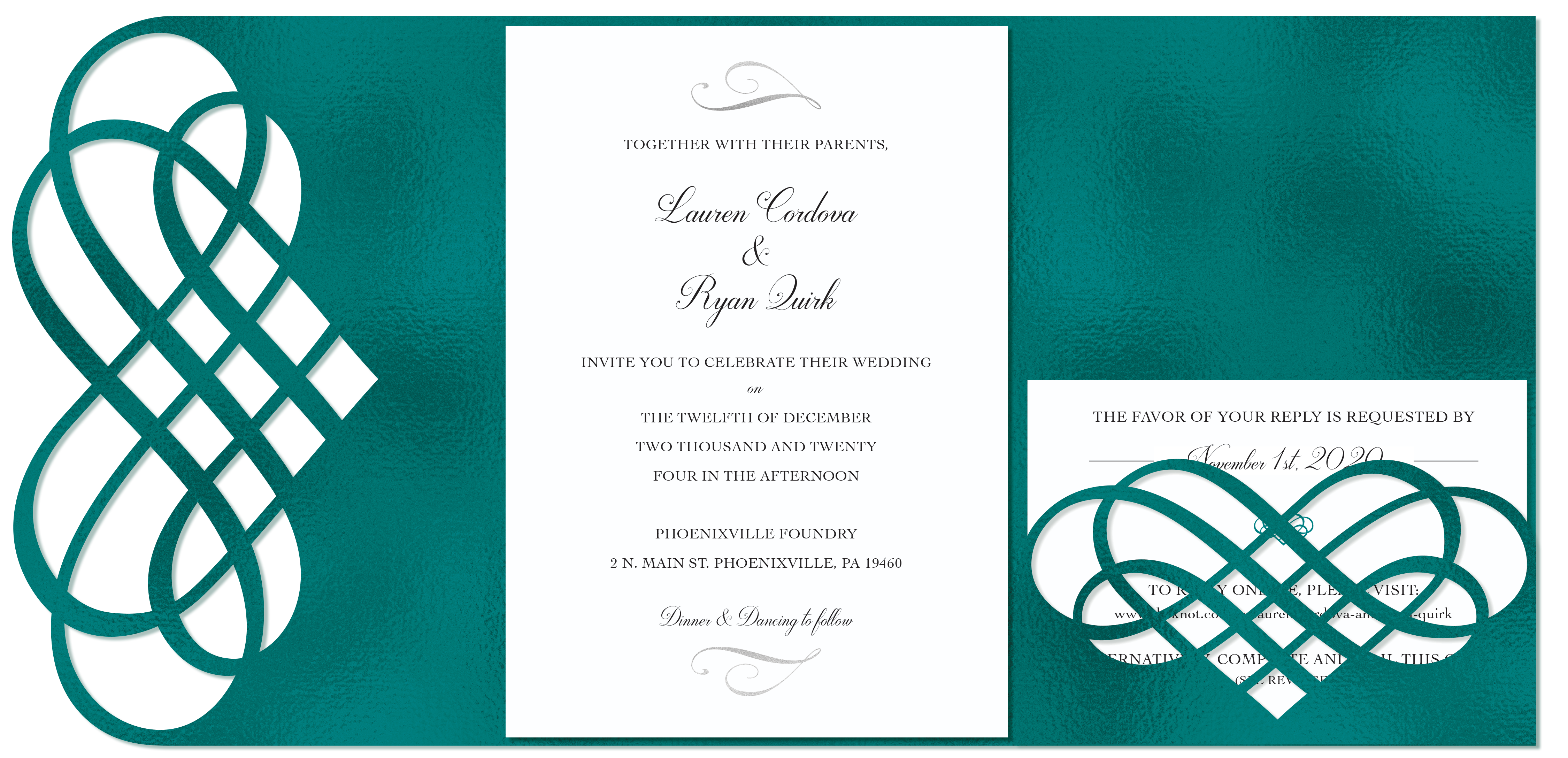 Wedding invitation design with teal foil heart embelishments