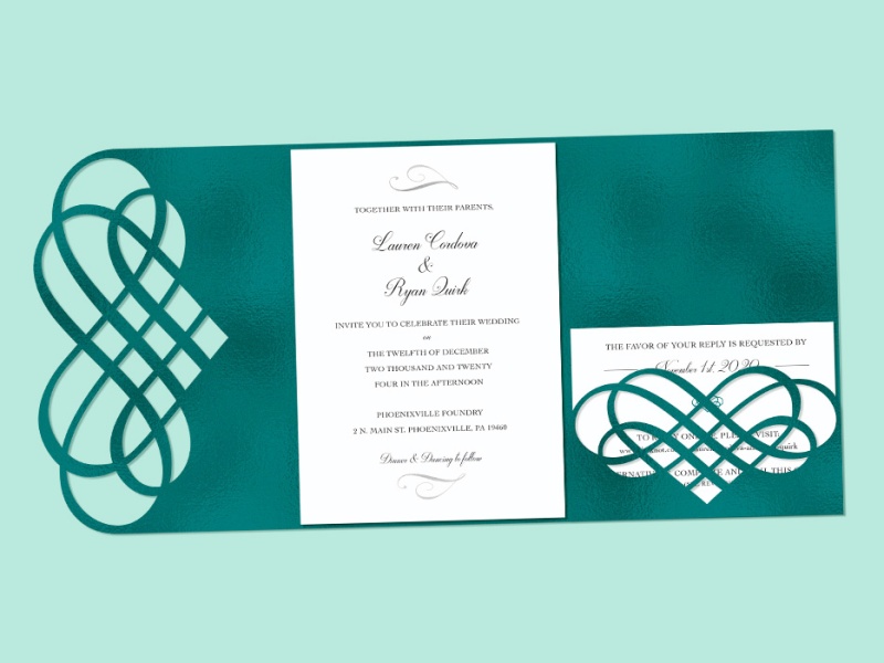 Wedding invitation design with teal foil heart embelishments