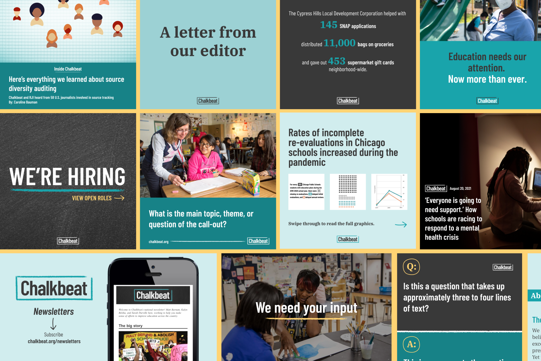 Collage of Chalkbeat social media graphics against a yellow background