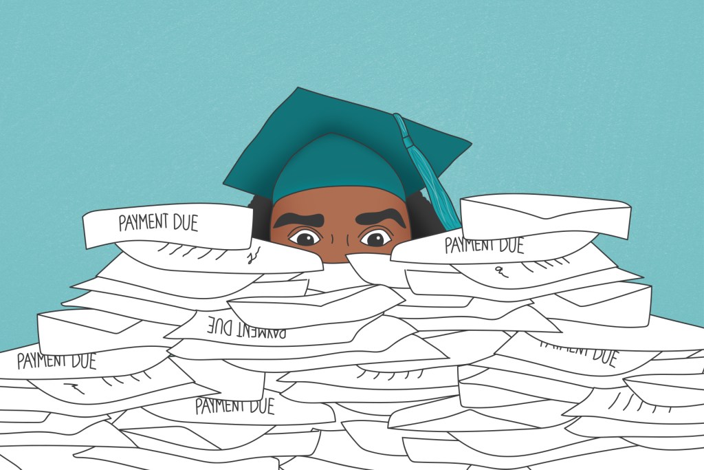 Illustration of a student wearing a graduation cap in an overwhelming pile of bills and envelopes.