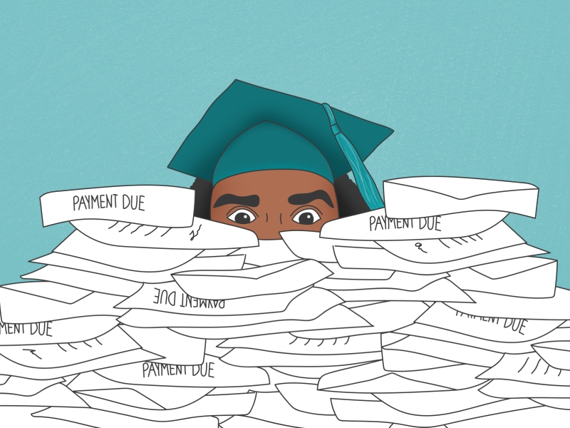 Illustration of a student wearing a graduation cap in an overwhelming pile of bills and envelopes.